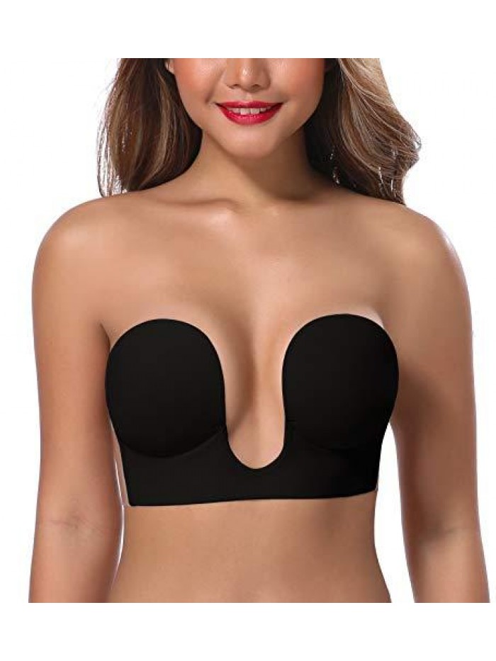 Women's Deep Plunge Strapless Backless Sticky Underwire Push Up Adhesive Bra 
