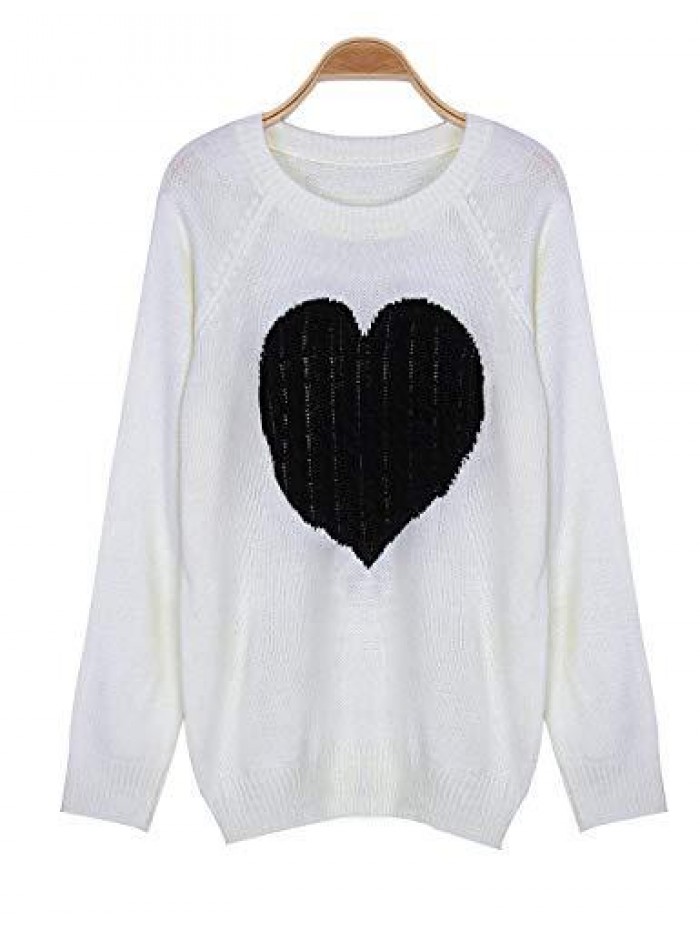 Day Women Long Sleeve Crewneck Sweaters Heart Print Casual Knitted Pullover Kniitwear Sweatshirt 