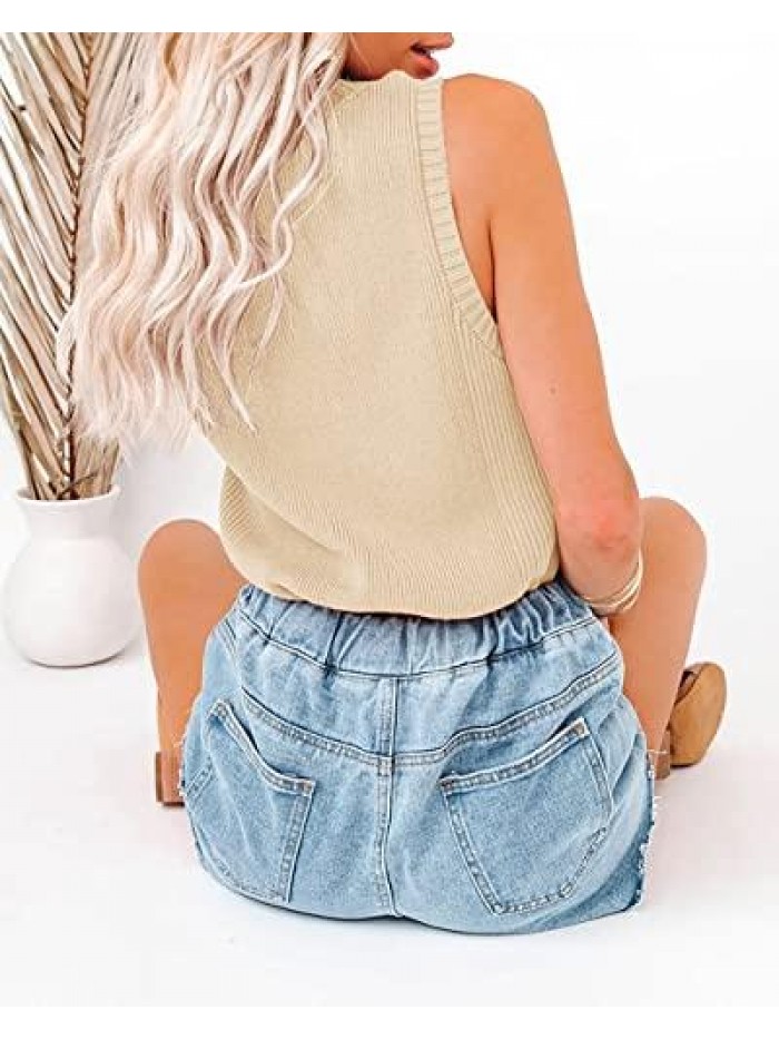 Women Summer Knit Sweater Tank Tops Turtleneck Cami Shirts Sleeveless Knitted Pullover Vests 