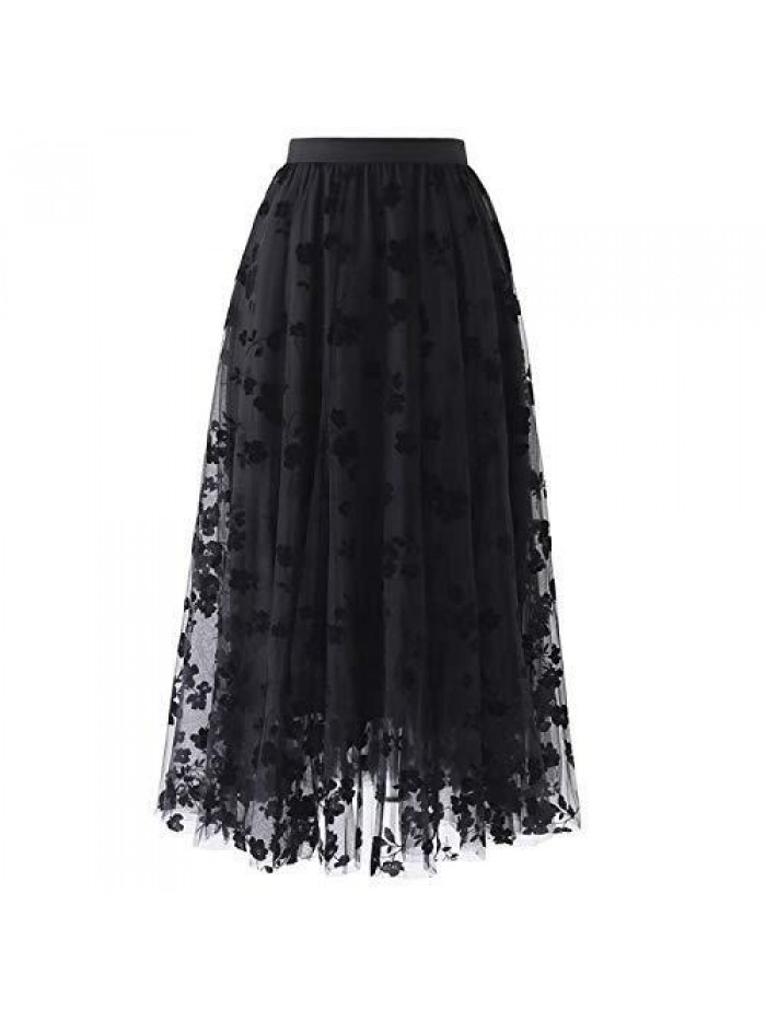 Skirts for Women High Waist Tutu Skirt Tulle Mesh Floral Embroidery Layered Midi Skirt 