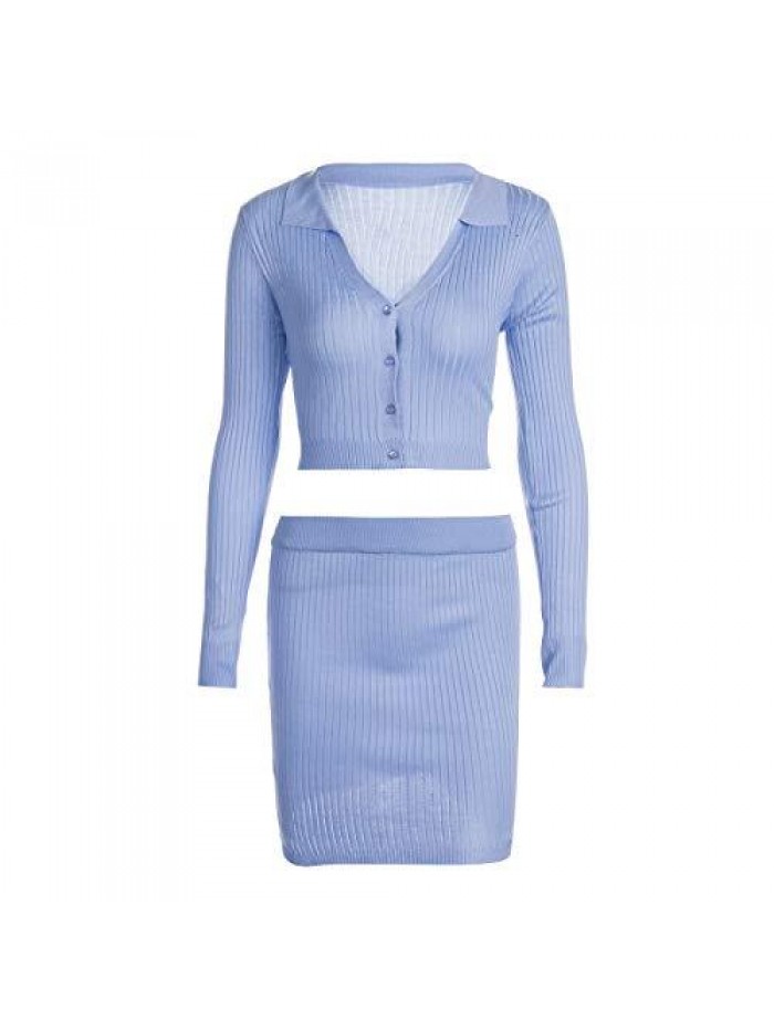 Two Piece Outfit, Sexy Solid Crop Top Mini Skirt Set Women Knitted 2 Piece Outfits 