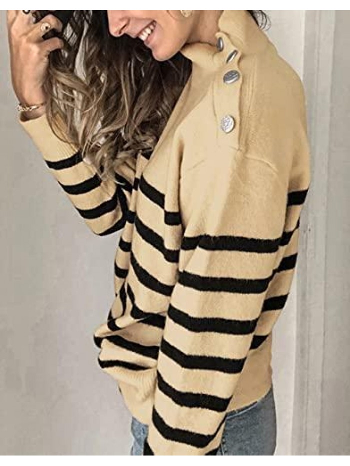 KIRUNDO Winter Women’s Long Sleeves Knit Sweater Turtleneck Striped Print Loose Pullover Tops Deco with Metal Button