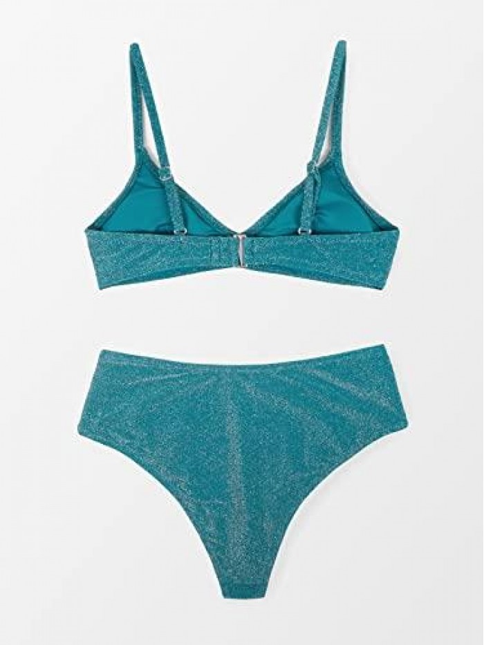 Women's Blue High Waist Bikini Swimsuit Shiny Tricot Two Piece Bathing Suit 