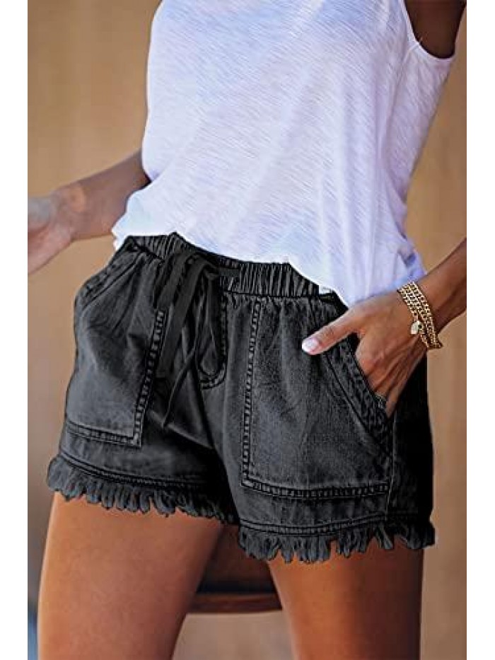Womens Denim Jean Shorts for Casual Summer Mid Waist Frayed Stretchy Ripped 