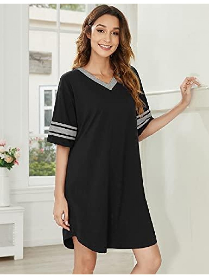 Women's Nightgown, Cotton Novelty Sleepshirts V Neck Short Sleeve Sleep Shirt Loose Comfy Pajama Sleepwear S-XXL 