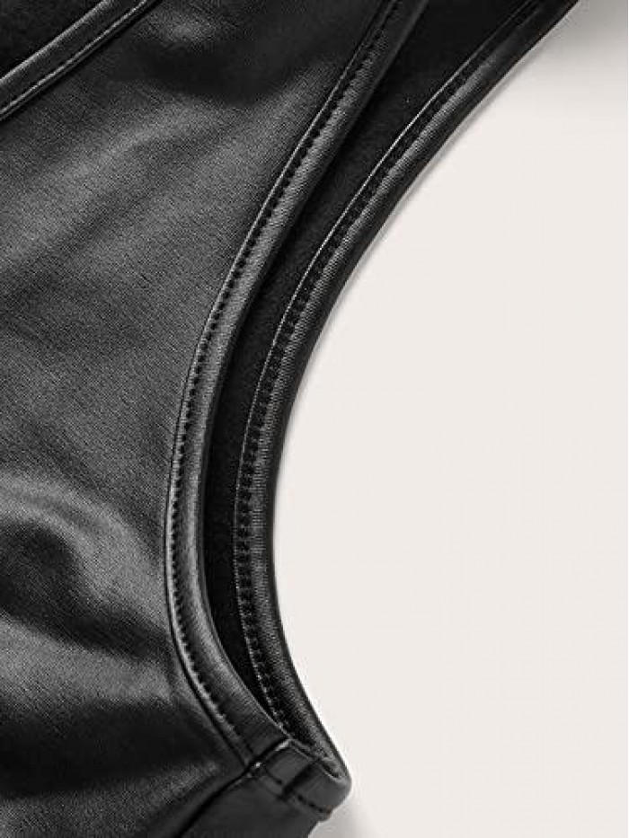 Women's Faux Leather V Neck Crop Tank Top PU Leather Vest 