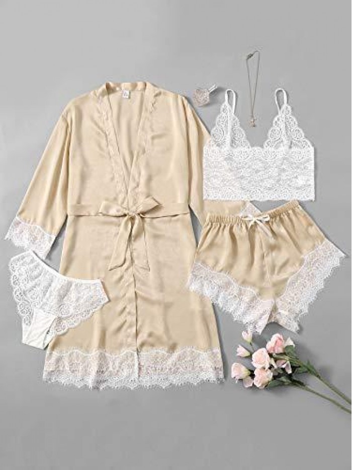 Women's 4 Pieces Satin Floral Lace Cami Top Lingerie Pajama Set with Robe 