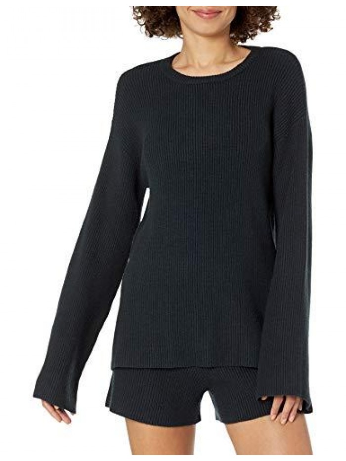 Drop Women's Alice Crewneck Back Slit Ribbed Pullover Sweater 