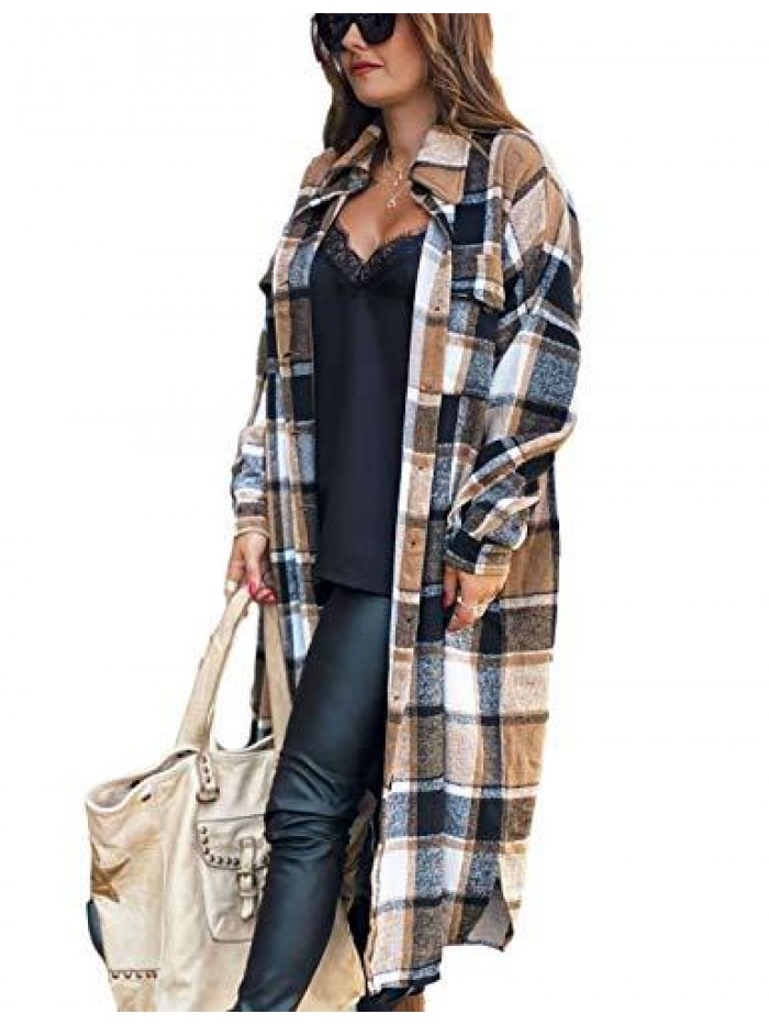 Women's Casual Plaid Lapel Woolen Button Up Pocketed Long Shacket Coat 