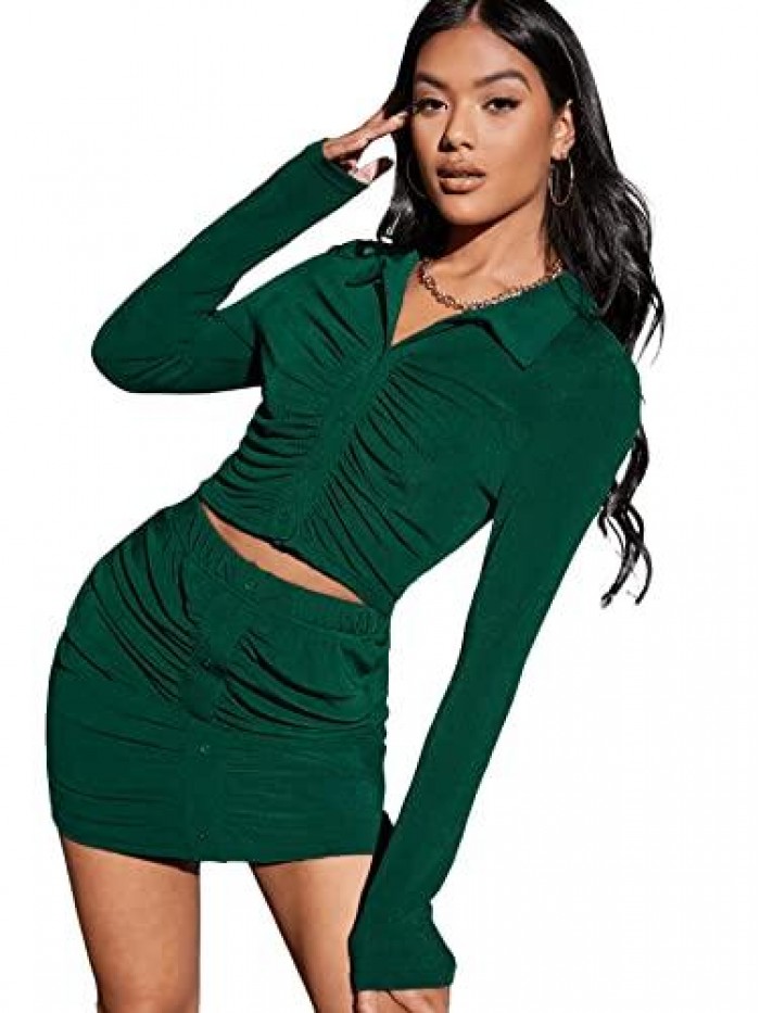 Women's 2 Piece Outfits Button Down Long Sleeve Ruched Crop Tee with Bodycon Mini Skirt Set 