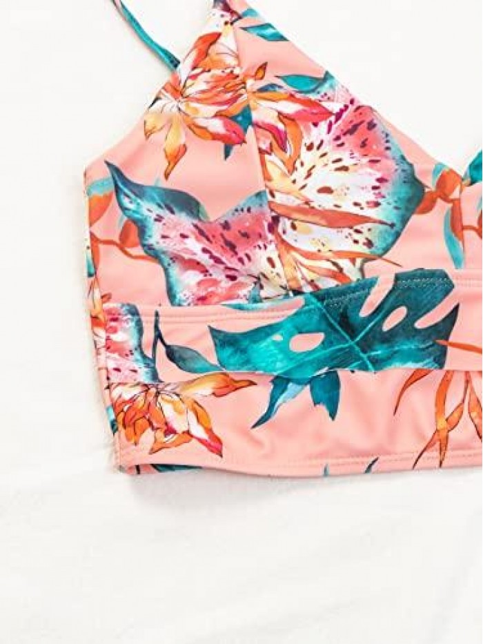 Romwe Women's Tropical Floral Print V Neck Tankini Top Bikini Swimsuit Bathing Suit Top