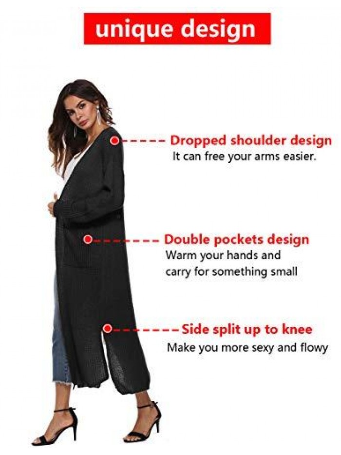 Casual Long Sleeve Split Open Cardigan Knit Long Cardigan Sweaters with Pockets 