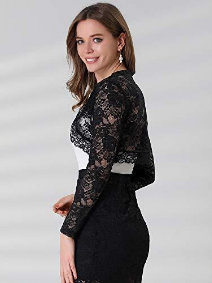 K Women's Elegant Crop Cardigan Sheer Floral Lace Bolero Shrug Top 