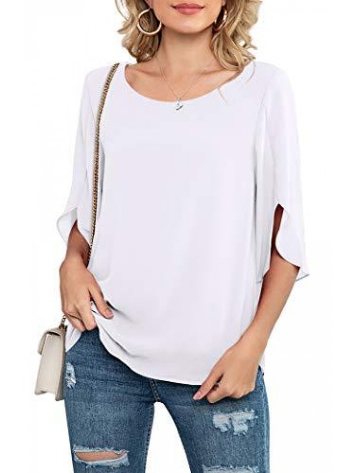 Womens Casual Scoop Neck Loose Top 3/4 Sleeve Chiffon Blouse Shirt Tops 