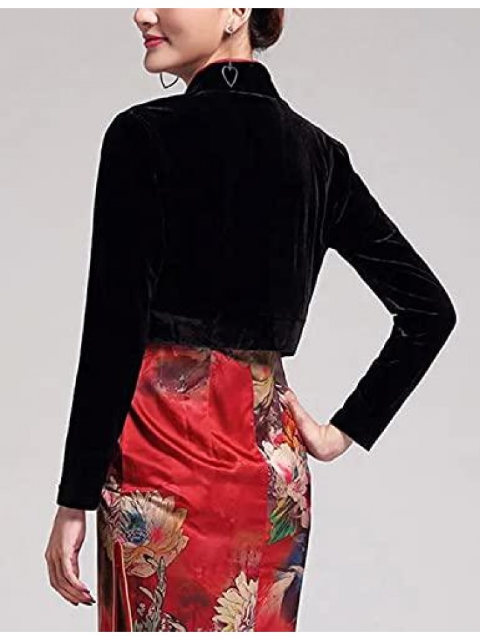 Women's Long Sleeve Velvet Shrug for Dress Open Front Cropped Bolero Cardigan 
