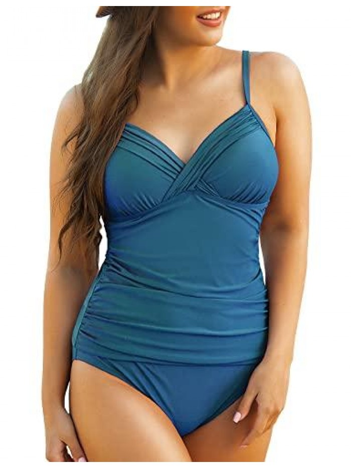 rose Women Tankini Tops V Neck Twist Swim Tops Ruched Tummy Control Bathing Suit Top 