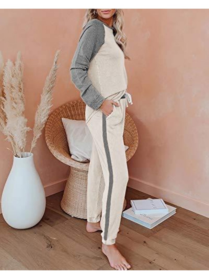 Women's 2 Piece Outfits Set Color Block Long Sleeve Pullover and Drawstring Sweatpants Loose Sweatsuit Sets 