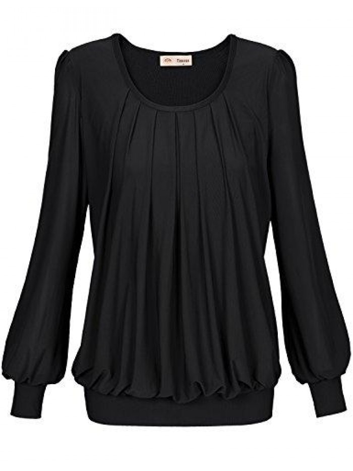 Women's Long Sleeve Scoop Neck Pleated Front Fitted Blouse Tops 