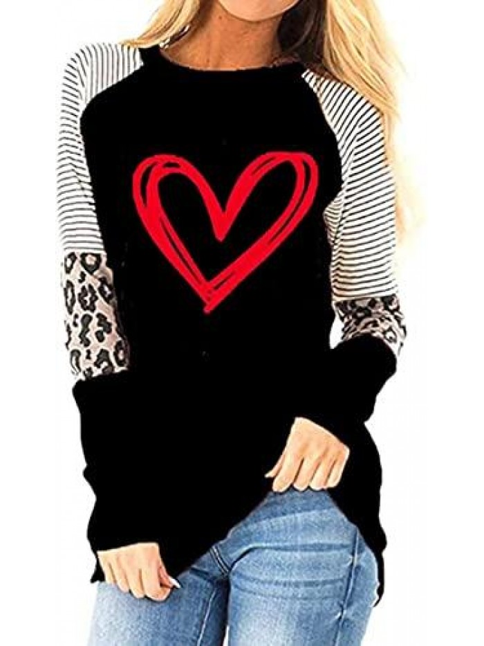 Valentine's Day T-Shirt Leopard Stripe Splicing Sleeve Raglans Shirt Love Heart Printed Buffalo Plaid Graphic Tees 