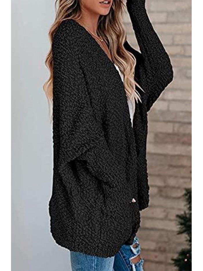 Women's Fuzzy Popcorn Batwing Sleeve Cardigan Knit Oversized Sherpa Sweater Coat 