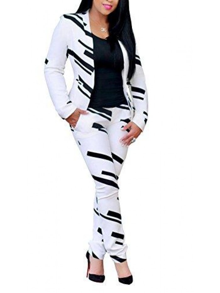 Women Lapel Collar Long Sleeve Stripe Top Jacket Pants 2 Piece Suit Set Outfits 