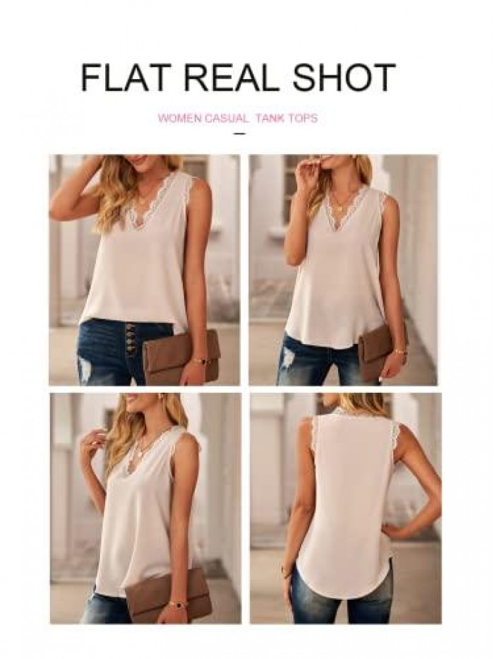 Women's V Neck Lace Trim Tank Tops Casual Loose Sleeveless Blouse Shirts 