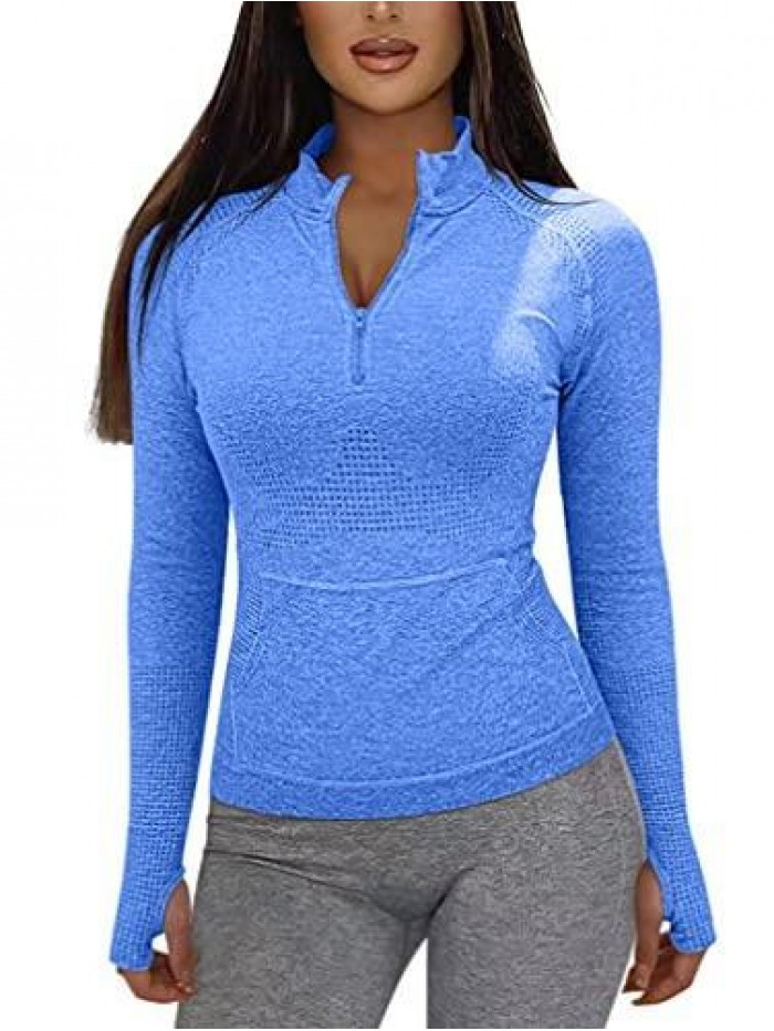 Women Workout Long Sleeve Yoga Front Pocket Tops Gym Half Zipper Stand Collar Running Athletic Shirt 