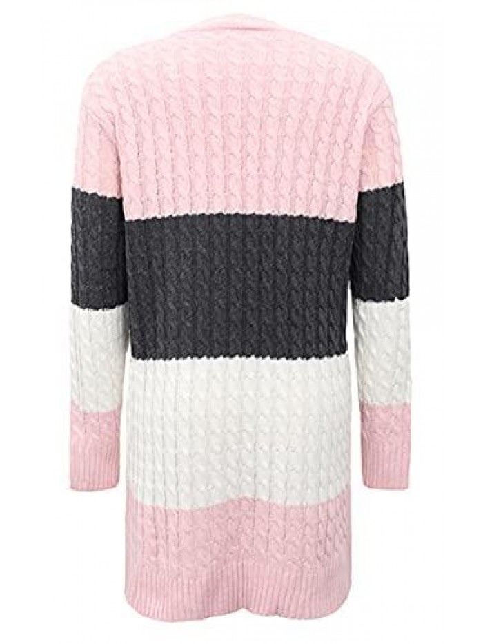 Women's Long Sleeves Leopard Print Knitting Cardigan Open Front Warm Sweater Outwear Coats with Pocket 