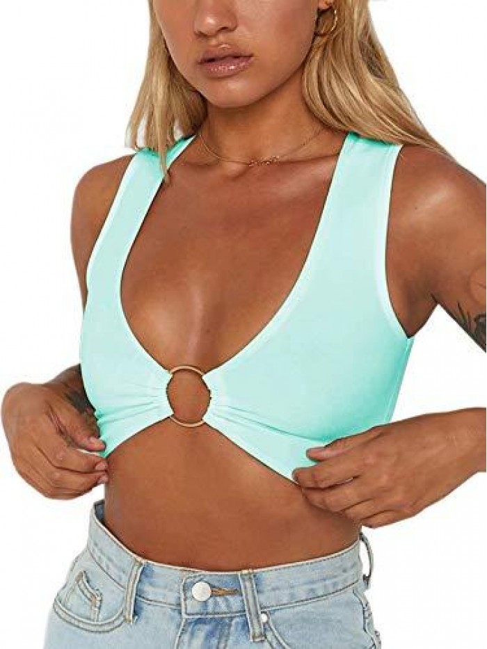 Tops for Women Plunging Neckline Crop Top with Golden Ring Centrepiece 