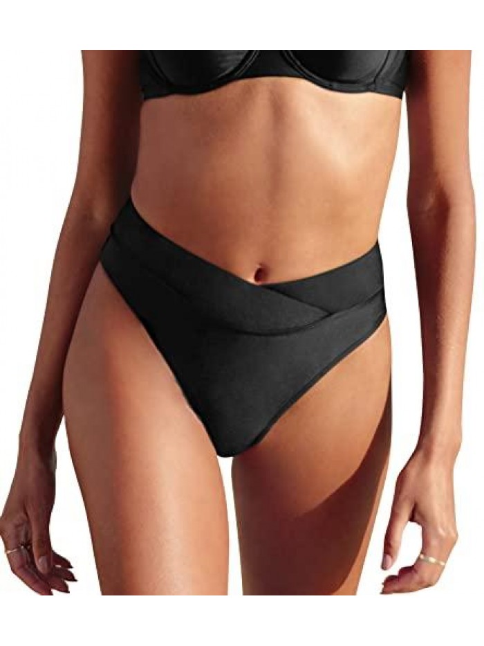 Women's Bikini Swimsuit Black High Waisted High Cut Cheeky Bikini Bottom 