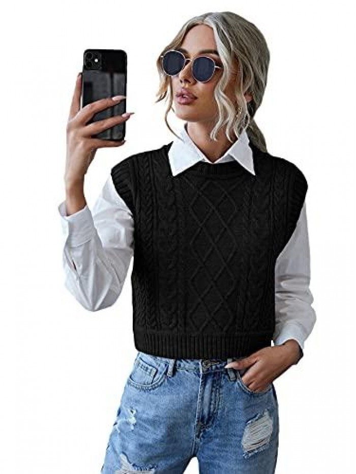 Women's Casual Cable Knit Sweater Vest Sleeveless Round Neck Crop Tank Top 