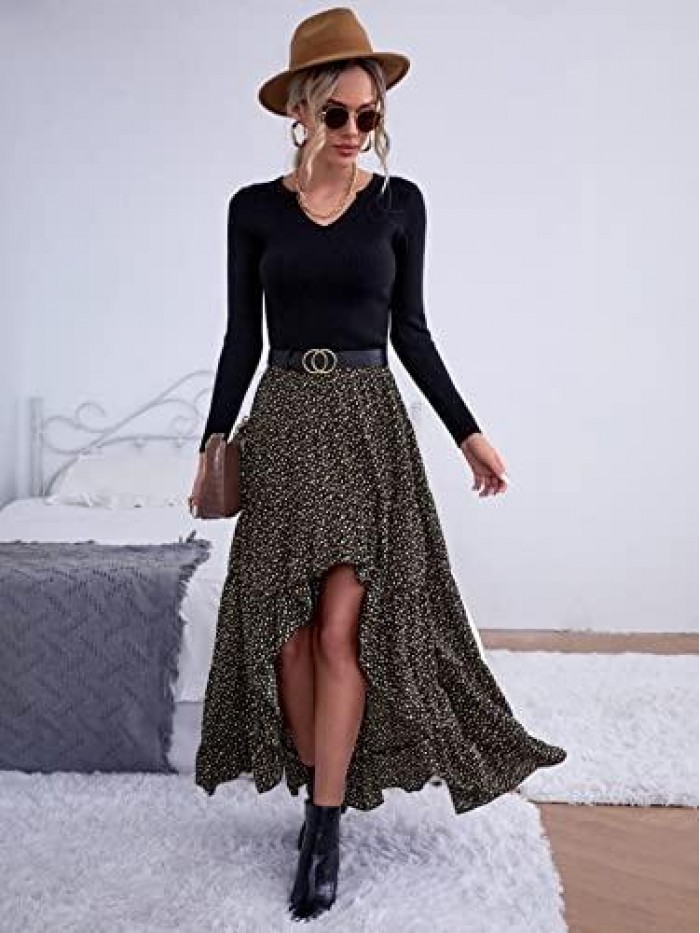 Women's High Low Ruffle Trim Casual Dalmatian Print High Waist Maxi Skirt 