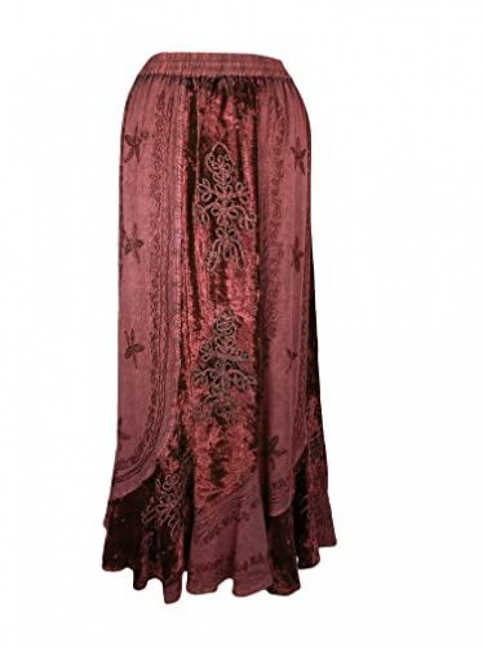 Traders Women's Bohemian Gothic Embroidered Velvet Flared Scalloped Hem Elastic Waistband Drawstring Long Maxi Skirt 