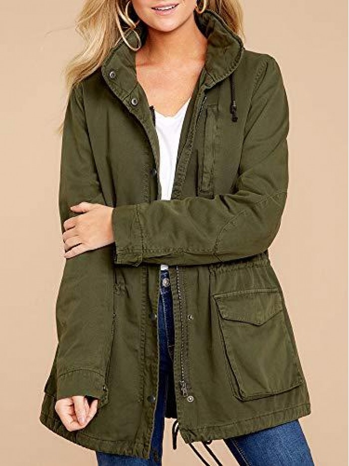 Womens Military Safari Anorak Jacket Hoodies Zip Up Parka Casual Drawstring Coat with Pockets 