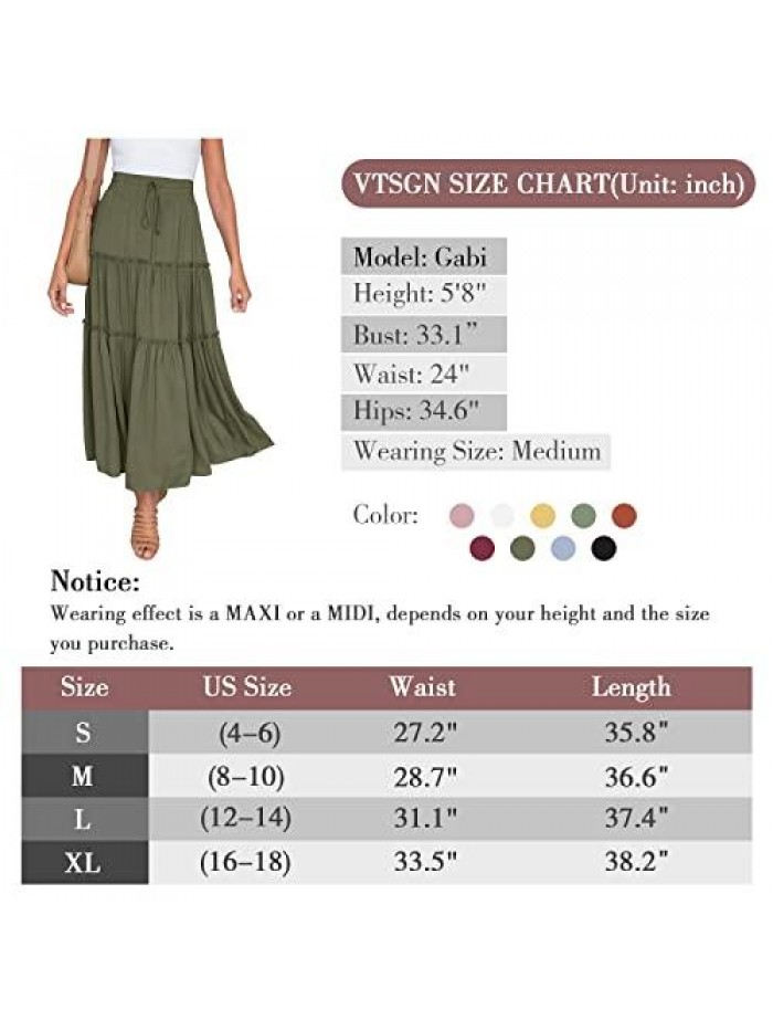 Womens High Waisted Midi Maxi Skirt Boho A-Line Ruffle Flowy Long Skirt with Pockets 