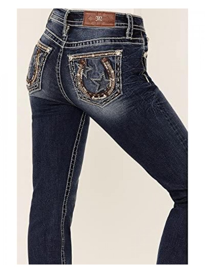 Me Women's Lucky Horseshoe Mid-Rise Boot Jeans with Stars 