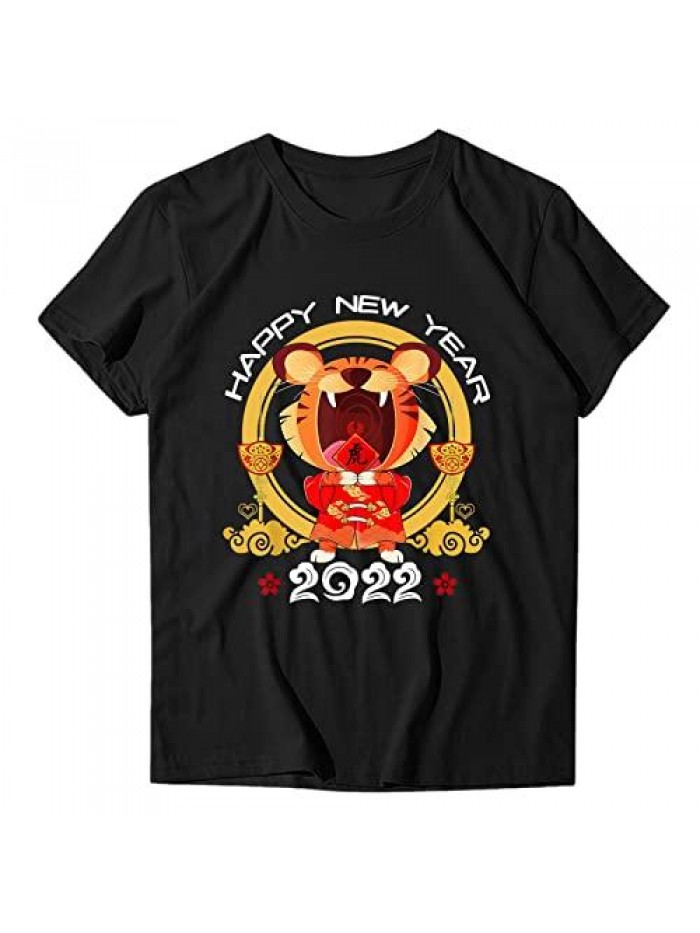 2022 Happy New Year Tiger Print T Shirt O Neck Short Sleeve Shirt Casual Graphic Casual Athletic Tunic Blouse 