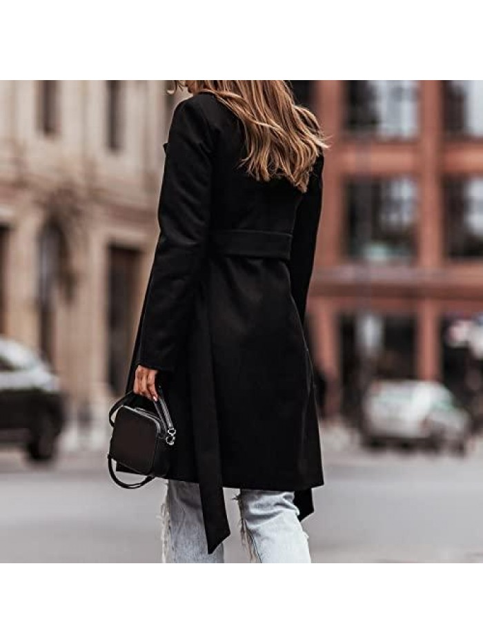 Women's Winter Elegant Pea Coat Notched Lapel Belt Wool Blend Trench Jacket Casual Solid Double Breasted Long Outwear 