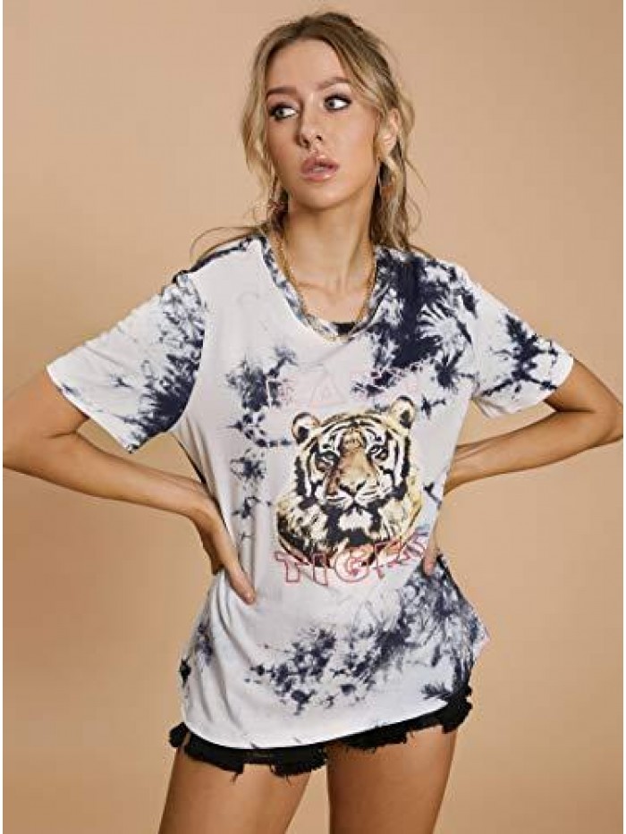 CHOICE Women Tiger Tee Shirt Short Sleeve Tie dye Graphic Round Neck Casual Cute Top 