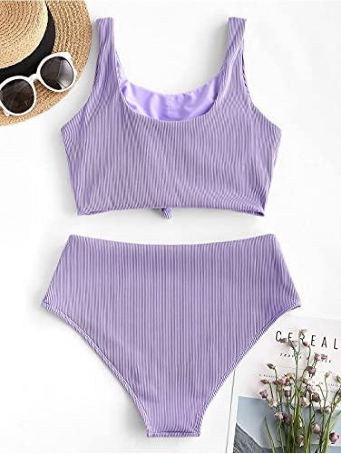 Women's Knot Scoop Neck Bikini Set Ruched High Waisted Two Piece Swimsuits Tankini 