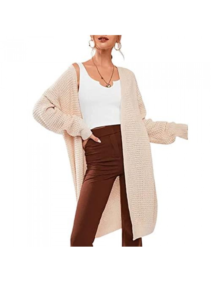 Women's Long Sleeve Casual Waffle Knit Open Front Cardigan Pointelle Loose Boho Solid Sweater Blouses Coat Outwear 