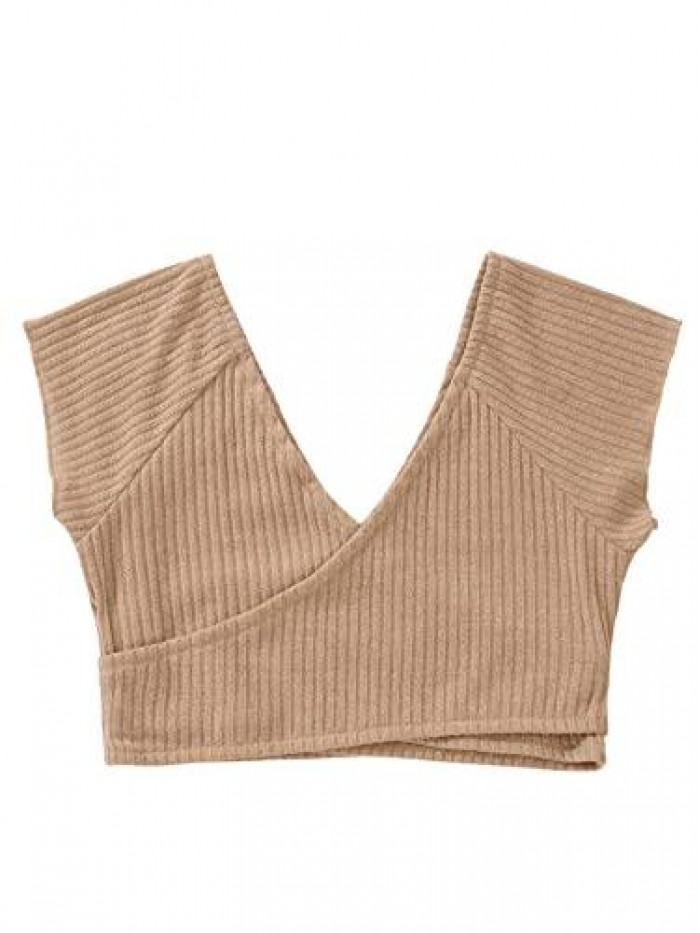 Women's V Neck Crop Cap Sleeve Top Fitted Wrap Ribbed Knit Vest 