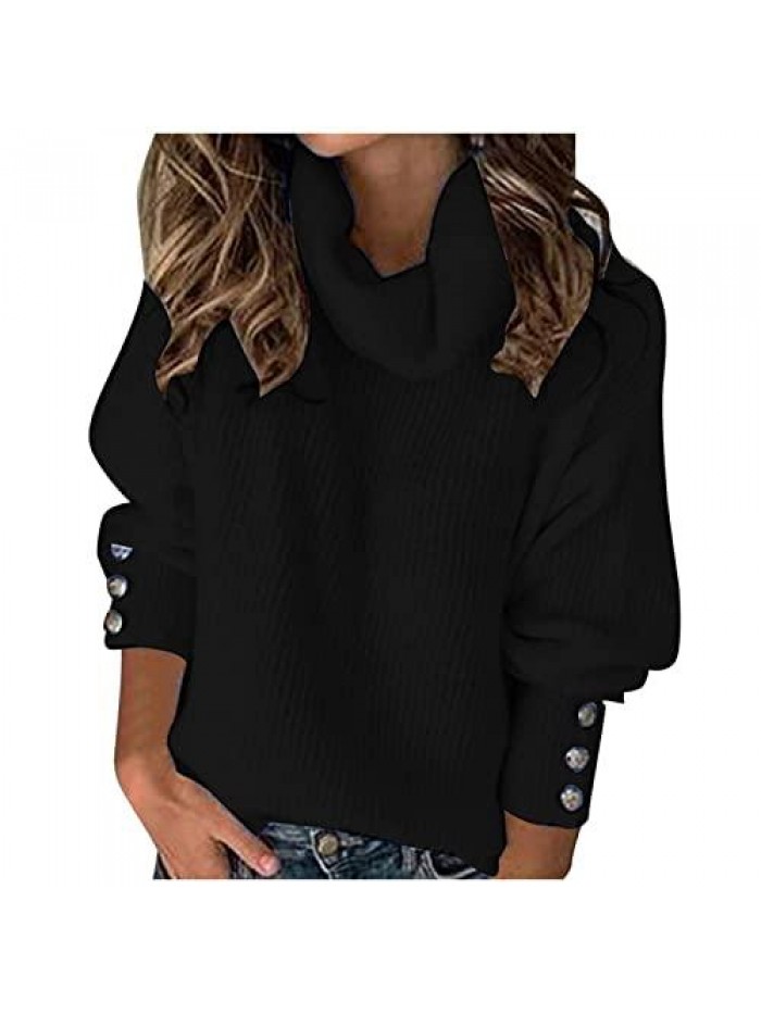 Sweaters for Women Turtleneck 2021 Casual Fall Knitted Solid Button Plus Size Loose Tops Pullover Sweatshirt 