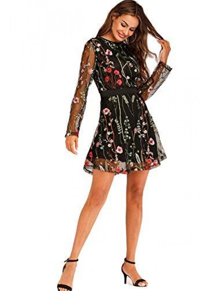 Women's Floral Embroidery Mesh Round Neck Tunic Party Dress 