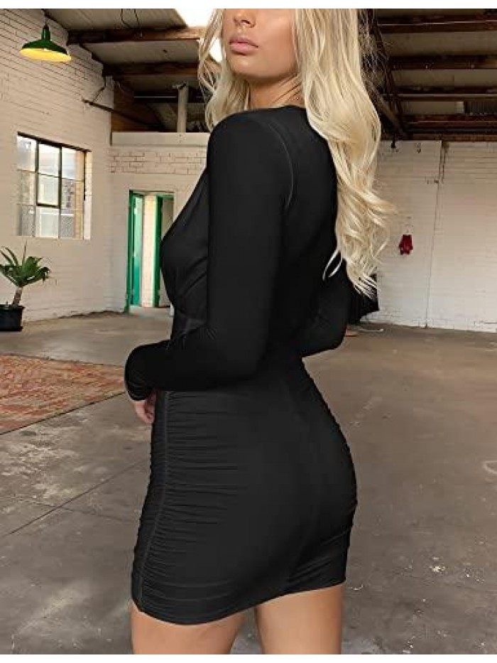 Women's Sexy Bodycon Long Sleeve Deep V Neck Ruched Mini Cocktail Party Dresses 