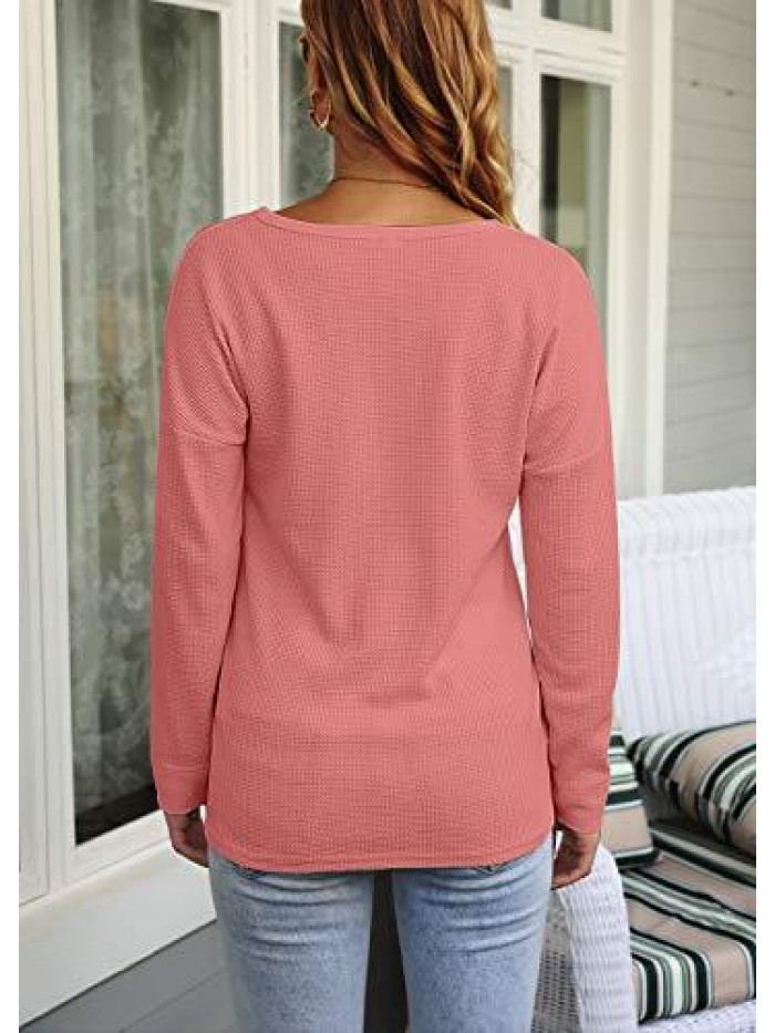 Women's Waffle Knit Tunic Tops Loose Long Sleeve Button Up V Neck Henley Shirts 