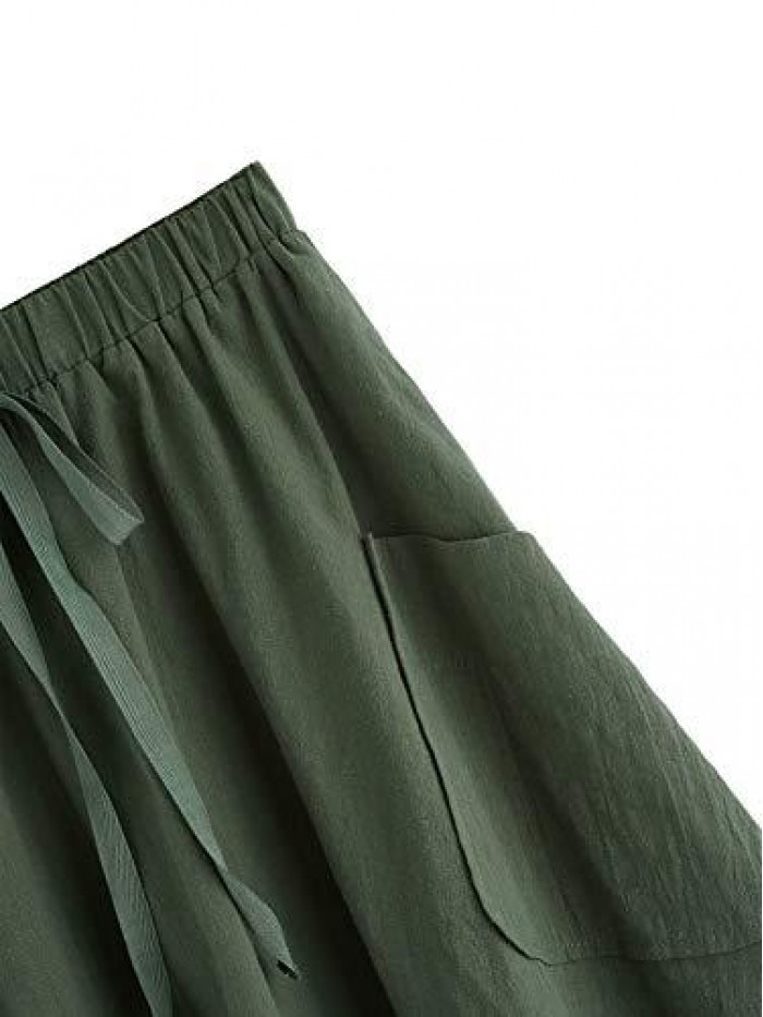 Women's Casual High Waist Pleated A-Line Midi Skirt with Pocket 