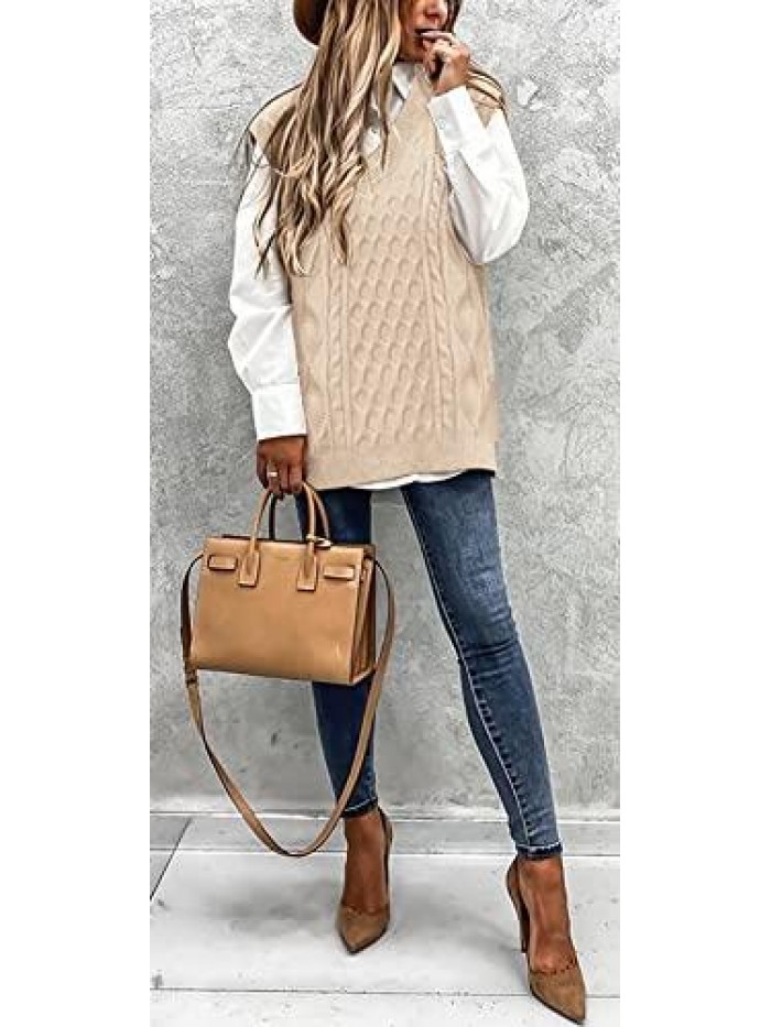 Women's Oversized Argyle Cropped Sweater Vest Sleeveless V Neck Casual Cable Knitted Loose Pullover Tops 