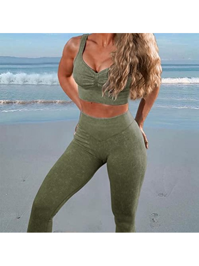 Seamless Workout Sets for Women 2 piece Outfits Acid Wash Crop Top Butt Lifting Yoga Athletic Leggings Sets 