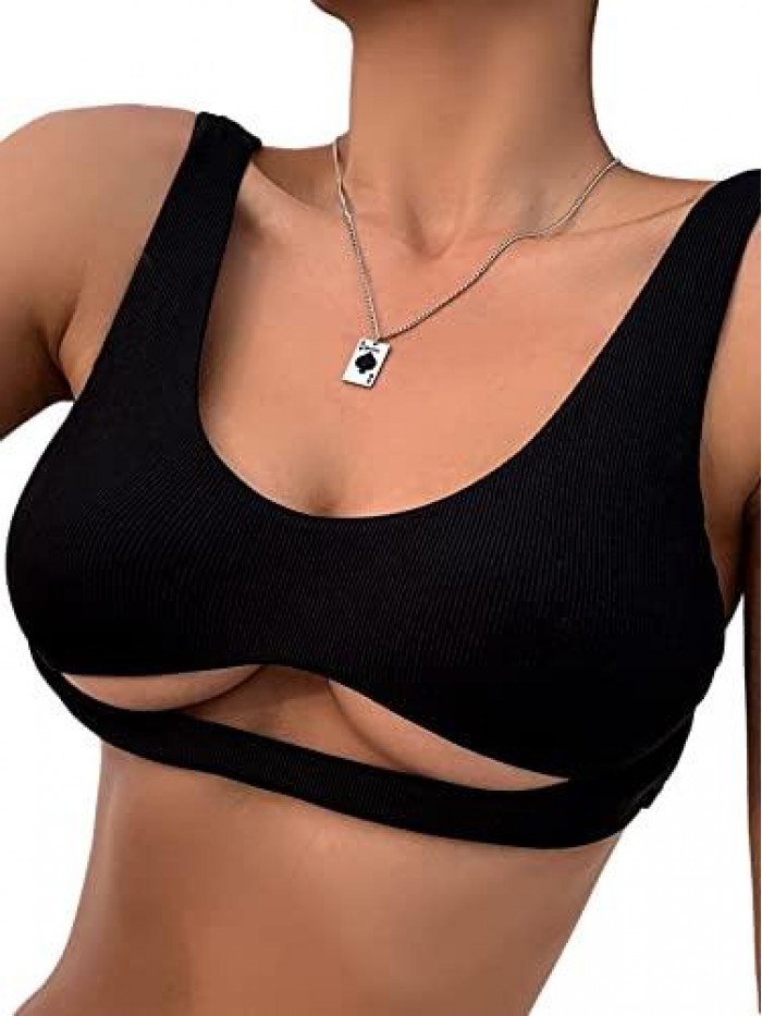 Women's Cut Out Front Scoop Neck Ribbed Swimsuit Bikini Top 